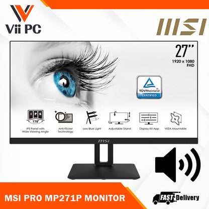 MSI PRO MP271P 27inch 75Hz IPS 1920 x 1080 (Full HD) HDMI (1.4) Built-In Speakers Adjustable Stand Anti-Flicker technology Less Blue Light Display Kit Support