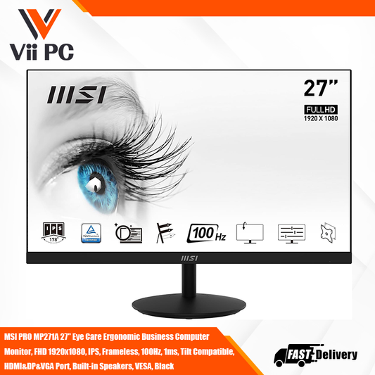 MSI PRO MP271A 27" Eye Care Ergonomic Business Computer Monitor, FHD 1920x1080, IPS, Frameless, 100Hz, 1ms, Tilt Compatible, HDMI&DP&VGA Port, Built-in Speakers, VESA, Black