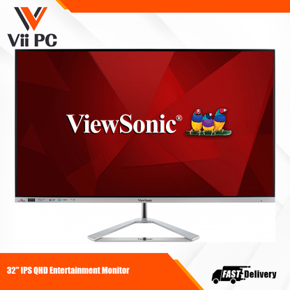 ViewSonic VX3276-2K-MHD 32" WQHD (2560x1440), SuperClear® IPS, QHD Monitor with Frameless bezel, Dual integrated speakers, HDMI DisplayPort and Mini DisplayPort, Silver