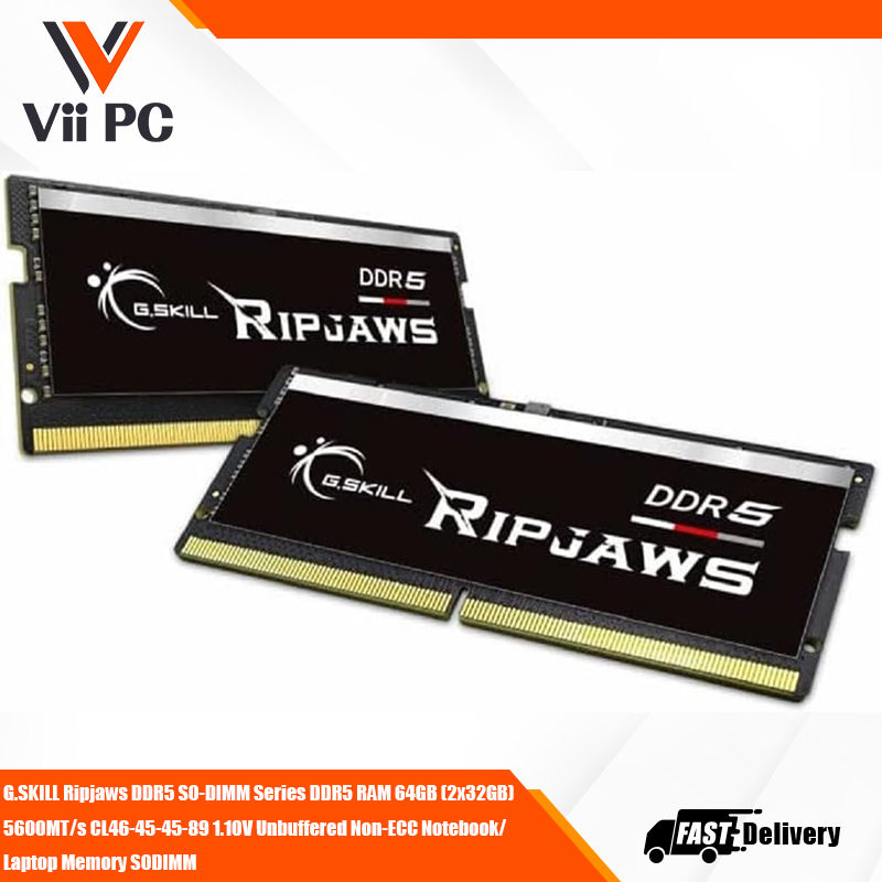 G.SKILL RIPJAWS DDR5 SO-DIMM Series DDR5 RAM 64GB (2x32GB) 5600MT/s CL46-45-45-89 1.10V Unbuffered Non-ECC Notebook/Laptop Memory SODIMM