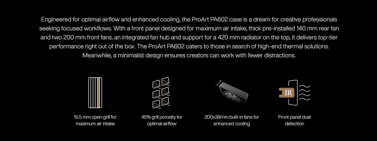 ASUS ProArt PA602 E-ATX MID-TOWER COMPUTER CASE - 420mm radiator support, one 140mm and two 200mm pre-installed system fans