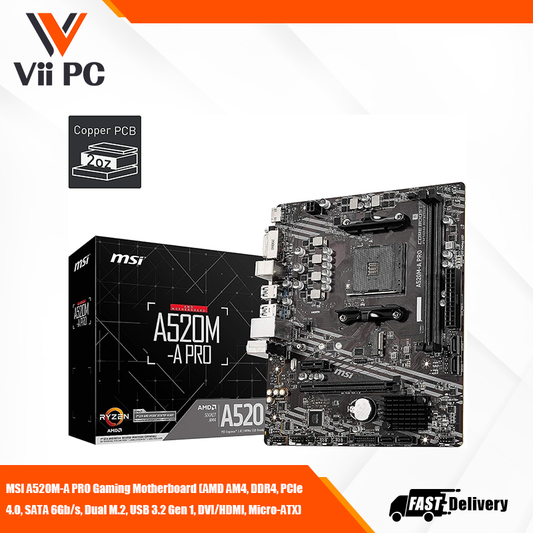 MSI A520M-A PRO Gaming Motherboard (AMD AM4, DDR4, PCIe 4.0, SATA 6Gb/s, Dual M.2, USB 3.2 Gen 1, DVI/HDMI, Micro-ATX)