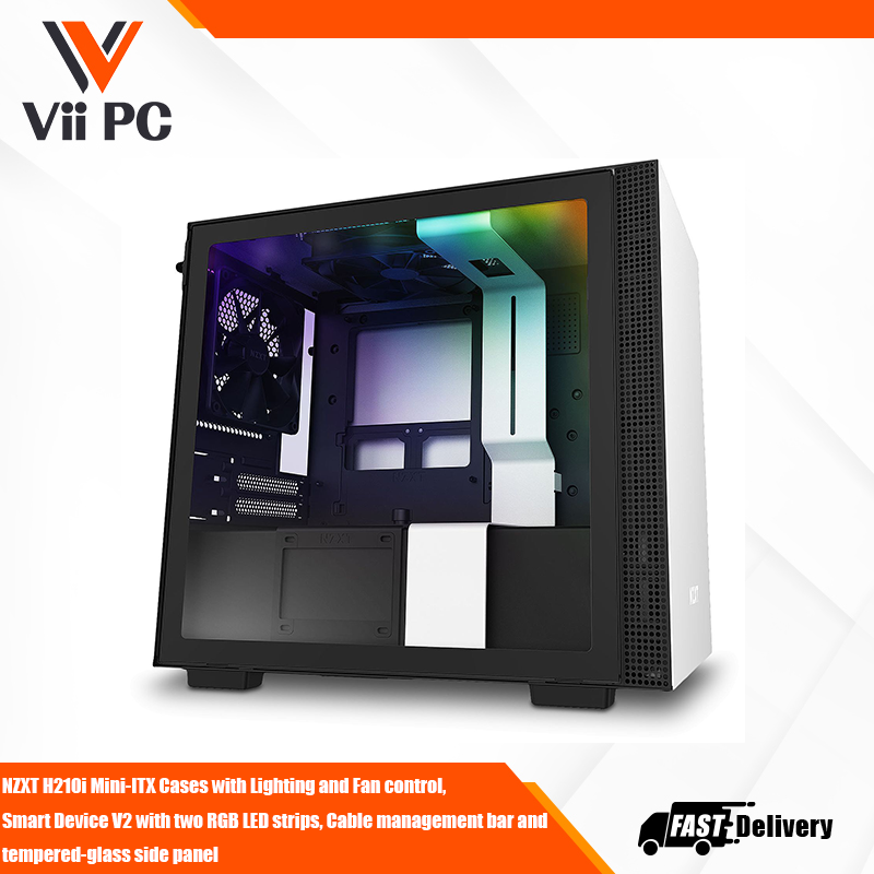 NZXT H210i Mini-ITX Cases White with Lighting and Fan control, Smart Device V2 with two RGB LED strips, Cable management bar and tempered-glass side panel