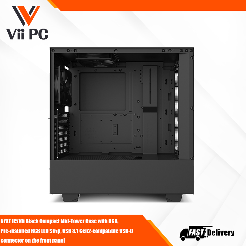 NZXT H510i Black Compact Mid-Tower Case with RGB, Pre-installed RGB LED Strip, USB 3.1 Gen2-compatible USB-C connector on the front panel