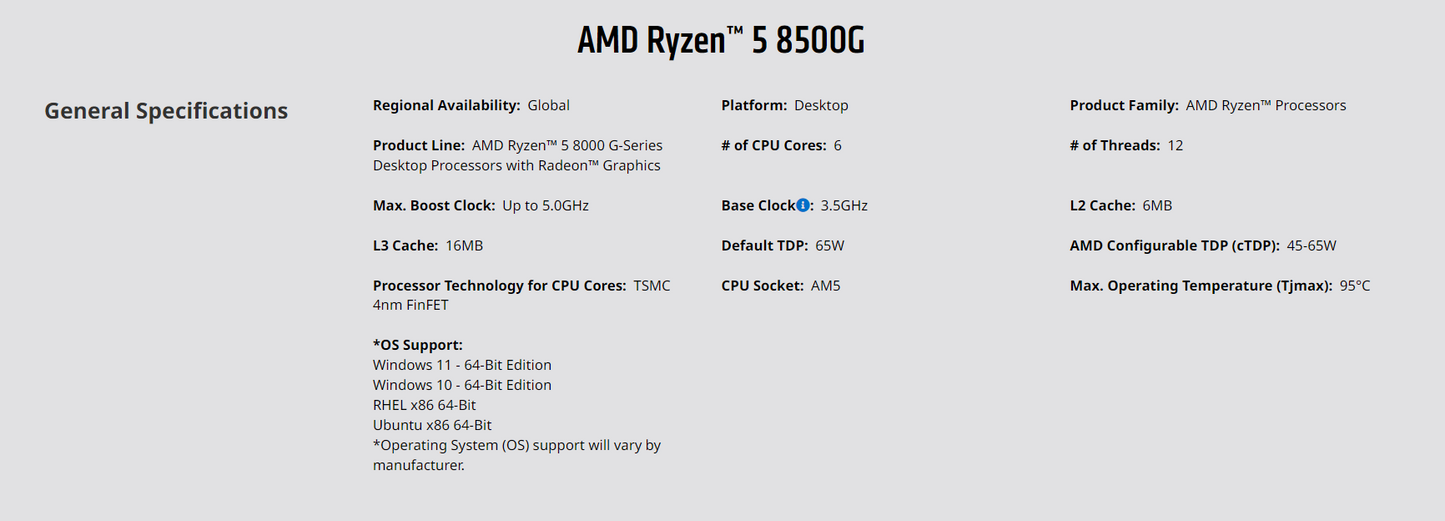 AMD Ryzen™ 5 8500G With Wraith Stealth Cooler Ryzen 5 8000 G-Series 6-Cores 12-threads 3.5GHz Socket AM5 65W Desktop Processors