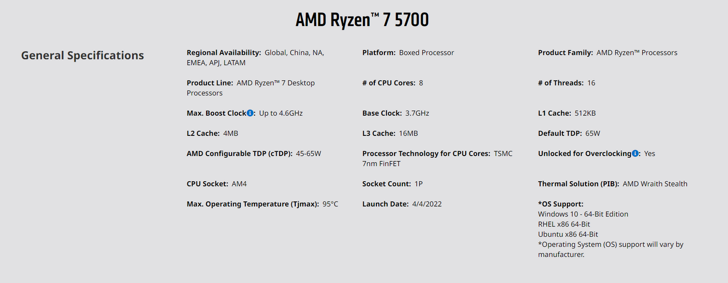 AMD Ryzen™ 7 5700 with Wraith Spire Cooler - Ryzen 7 5000 G-Series Desktop Processor (8-Cores, 16-threads, 3.7GHz, Socket AM4, 65W, Non-Integrated Boxed Processor)