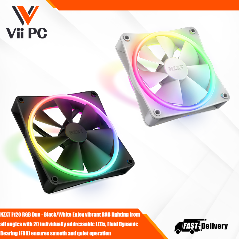 NZXT F120 RGB Duo - Black/White Enjoy vibrant RGB lighting from all angles with 20 individually addressable LEDs, Fluid Dynamic Bearing (FDB) ensures smooth and quiet operation