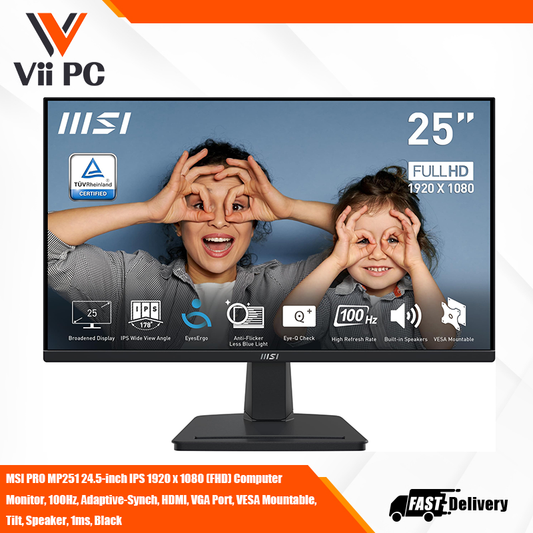 MSI PRO MP251 24.5-inch IPS 1920 x 1080 (FHD) Computer Monitor, 100Hz, Adaptive-Synch, HDMI, VGA Port, VESA Mountable, Tilt, Speaker, 1ms, Black