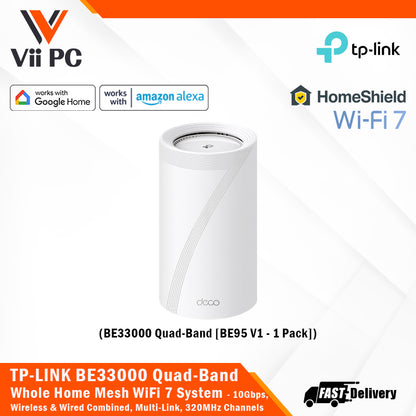 TP-LINK Deco BE95 V1 (1-Pack) BE33000 Quad-Band Whole Home Mesh Wi-Fi 7 System 10 Gbps, Wireless & Wired Combined, Multi-Link Operation, 320 MHz Channel, Universal Compatibility