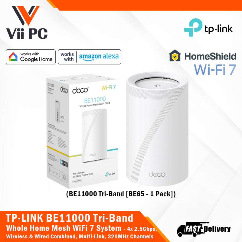 TP-LINK Deco BE65 (1-Pack) BE11000 Tri-Band Whole Home Mesh Wi-Fi 7 System 4x 2.5Gbps, Wireless & Wired Combined, Multi-Link Operation, 320 MHz Channel, Universal Compatibility