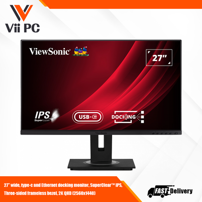 ViewSonic VG2756-2K 27" QHD IPS Docking Monitor with Integrated USB 3.2 Type-C, Ethernet LAN (RJ45), HDMI, Display Port and 40 Degree Tilt Ergonomics for Home and Office