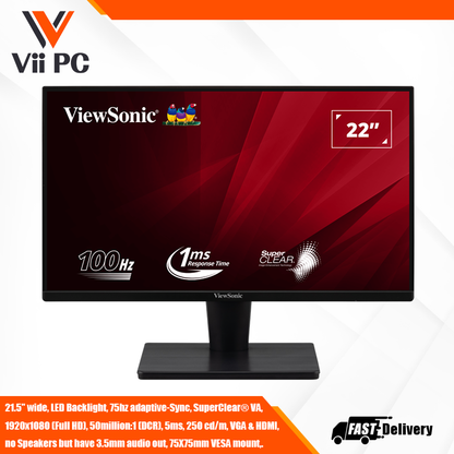 ViewSonic VA2215-H 22" 1920x1080 Full HD Monitor, 100Hz FreeSync, SuperClear®, 1ms (MPRT), Eyecare, VA Technology