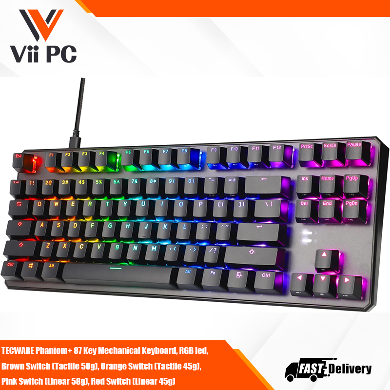 Tecware Phantom+ 87 Key Mechanical Keyboard, RGB led, Brown Switch (Tactile 50g), Orange Switch (Tactile 45g), Pink Switch (Linear 58g), Red Switch (Linear 45g)