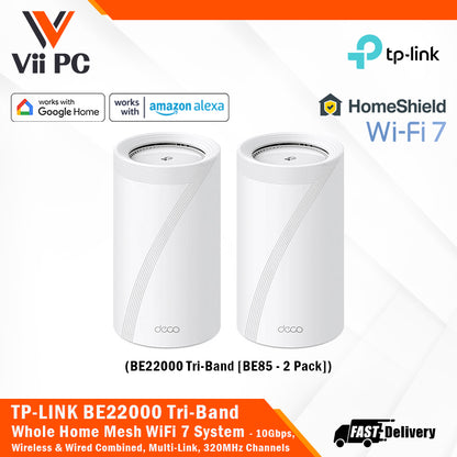 TP-LINK Deco BE85 (2-Pack) BE22000 Tri-Band Whole Home Mesh Wi-Fi 7 System 10 Gbps, Wireless & Wired Combined, Multi-Link Operation, 320 MHz Channel, Universal Compatibility