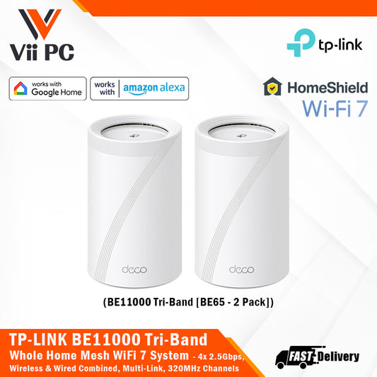 TP-LINK Deco BE65 (2-Pack) BE11000 Tri-Band Whole Home Mesh Wi-Fi 7 System 4x 2.5Gbps, Wireless & Wired Combined, Multi-Link Operation, 320 MHz Channel, Universal Compatibility