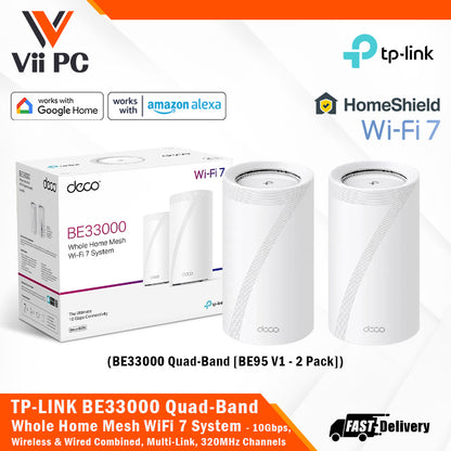 TP-LINK Deco BE95 V1 (2-Pack) BE33000 Quad-Band Whole Home Mesh Wi-Fi 7 System 10 Gbps, Wireless & Wired Combined, Multi-Link Operation, 320 MHz Channel, Universal Compatibility