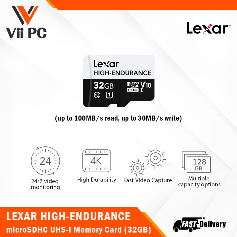 Lexar High-Endurance microSDHC/microSDXC UHS-I(U1/U3) Memory Card 32GB or 64GB or 128GB Up to 100MB/s READ, Up to 45MB/s or 35MB/s or 30MB/s WRITE, 4K(Fast Video Capture), 1080P FULL-HD, 24/7 video monitoring, High Durability