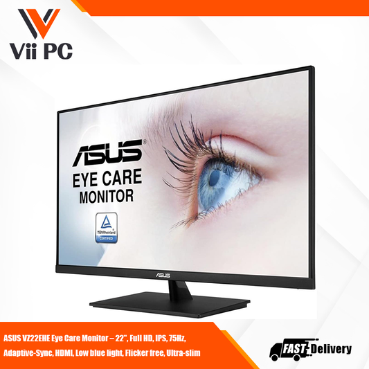 ASUS VZ22EHE Eye Care Monitor – 22", Full HD, IPS, 75Hz, Adaptive-Sync, HDMI, Low blue light, Flicker free, Ultra-slim