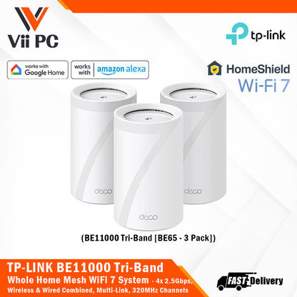 TP-LINK Deco BE65 (3-Pack) BE11000 Tri-Band Whole Home Mesh Wi-Fi 7 System 4x 2.5Gbps, Wireless & Wired Combined, Multi-Link Operation, 320 MHz Channel, Universal Compatibility