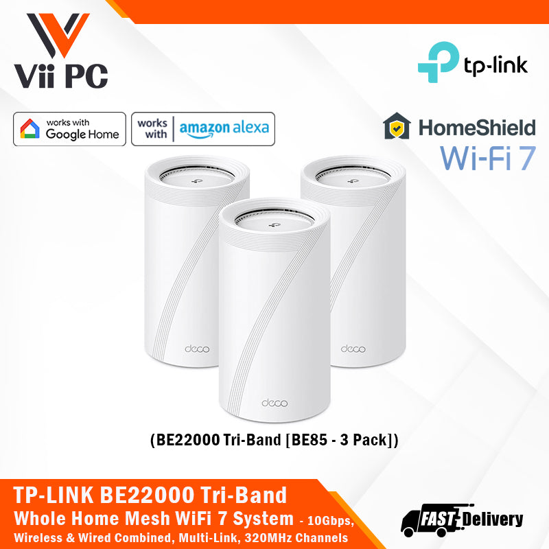 TP-LINK Deco BE85 (3-Pack) BE22000 Tri-Band Whole Home Mesh Wi-Fi 7 System 10 Gbps, Wireless & Wired Combined, Multi-Link Operation, 320 MHz Channel, Universal Compatibility