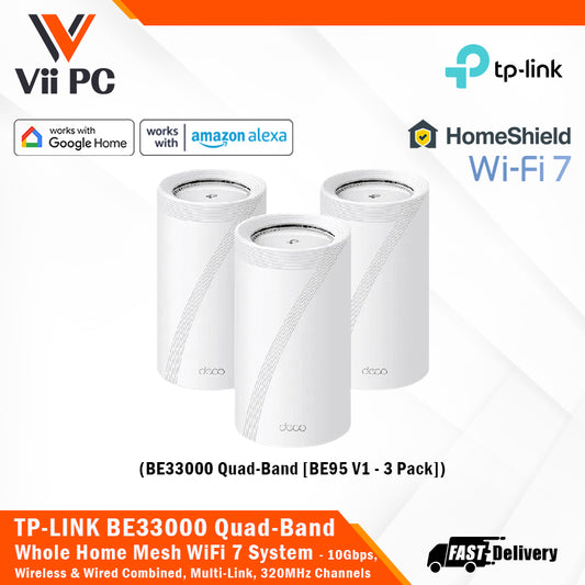 TP-LINK Deco BE95 V1 (3-Pack) BE33000 Quad-Band Whole Home Mesh Wi-Fi 7 System 10 Gbps, Wireless & Wired Combined, Multi-Link Operation, 320 MHz Channel, Universal Compatibility
