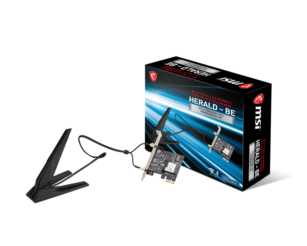 MSI HERALD-BE NCM865 WI-FI 7 (Wi-Fi 7, 802.11BE, Bluetooth 5.4, PCIe, Multi-Link Operation Technology, External Antenna)