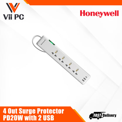 Honeywell 4 Out Surge Protector PD20W with 2 USB Platinum Series / 3 Years Warranty