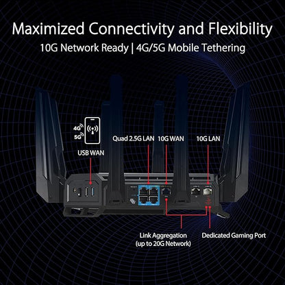 ASUS ROG Rapture GT-BE98 Quad-band WiFi 7 (802.11be)/New 320MHz Band/4096-QAM/Dual 10G Ports/Backup WAN/Triple-level Game Acceleration/Mobile Game Mode/ARGB/AiMesh/VPN Gaming Router