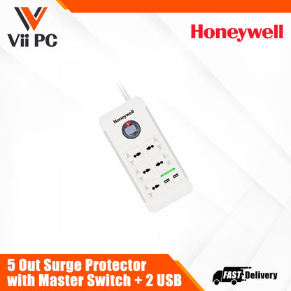 Honeywell 5 Out Surge Protector with Master Switch + 2 USB Platinum Series / 3 Years Warranty