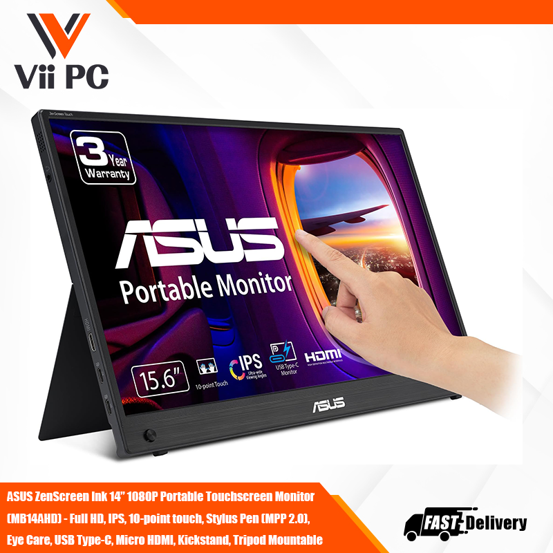 ASUS ZenScreen Ink 14” 1080P Portable Touchscreen Monitor (MB14AHD) - Full HD, IPS, 10-point touch, Stylus Pen (MPP 2.0), Eye Care, USB Type-C, Micro HDMI, Kickstand, Tripod Mountable