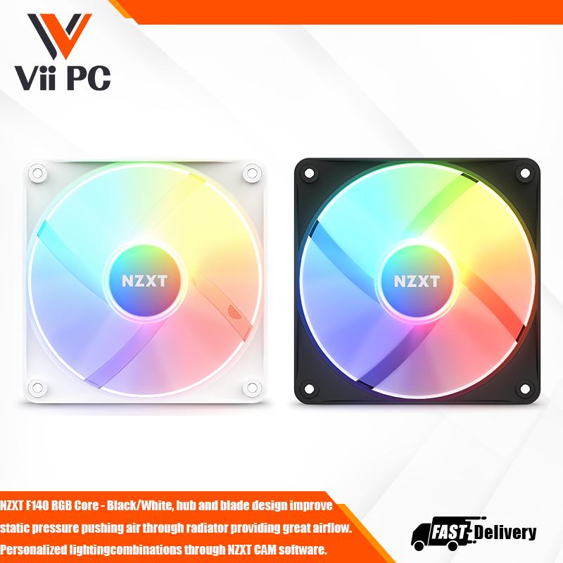 NZXT F140 RGB Core - Black/White, hub and blade design improve  static pressure pushing air through radiator providing great airflow. Personalized lightingcombinations through NZXT CAM software.