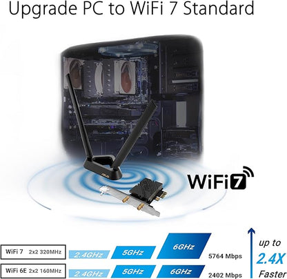 ASUS PCE-BE92BT WiFi 7 PCI-E Adapter with 2 external antennas, support 6GHz band, 320MHz, Bluetooth 5.4, WPA3