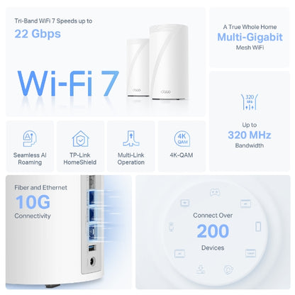 TP-LINK Deco BE85 (3-Pack) BE22000 Tri-Band Whole Home Mesh Wi-Fi 7 System 10 Gbps, Wireless & Wired Combined, Multi-Link Operation, 320 MHz Channel, Universal Compatibility