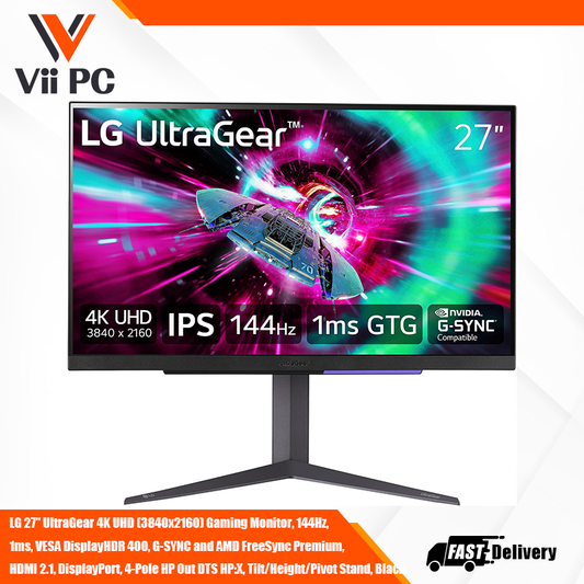 LG 27" UltraGear 4K UHD (3840x2160) Gaming Monitor, 144Hz, 1ms, VESA DisplayHDR 400, G-SYNC and AMD FreeSync Premium, HDMI 2.1, DisplayPort, 4-Pole HP Out DTS HP:X, Tilt/Height/Pivot Stand, Black