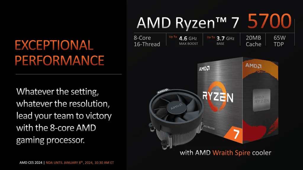 AMD Ryzen™ 7 5700 with Wraith Spire Cooler - Ryzen 7 5000 G-Series Desktop Processor (8-Cores, 16-threads, 3.7GHz, Socket AM4, 65W, Non-Integrated Boxed Processor)