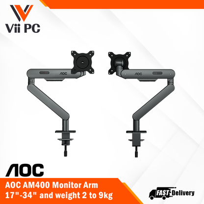 AOC AM400 C-Clamp and Grommet Desk-Mount Single Monitor Arm - for monitors 17"-34" and weight 2 to 9kg