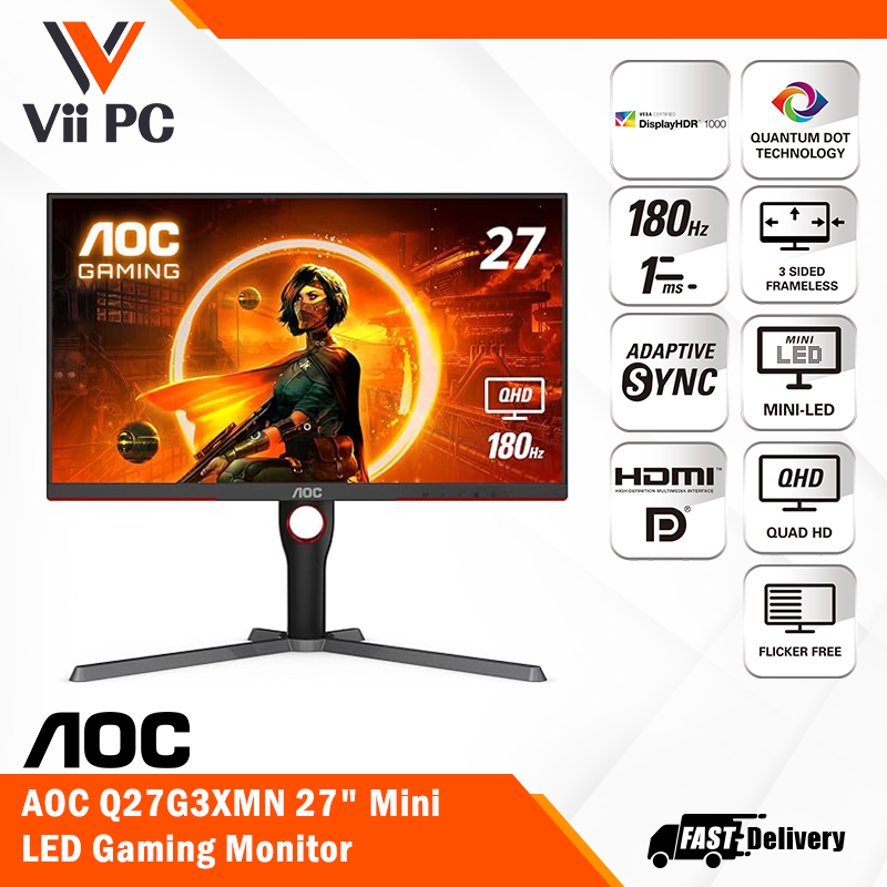 AOC Q27G3XMN 27" Mini LED Gaming Monitor - 180Hz, 1ms GTG, VA panel, Vesa Certified DisplayHDR™ 1000, 2560x1440 QHD, AMD Freesync Premium Pro, supports Console Gaming