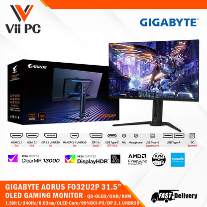 GIGABYTE AORUS FO32U2P 31.5" OLED GAMING MONITOR (4K UHD / DisplayPort 2.1 UHBR20 / QD-OLED / 240Hz / 0.03ms / KVM / HDR True Black 400) (*Pre-Order 10days)