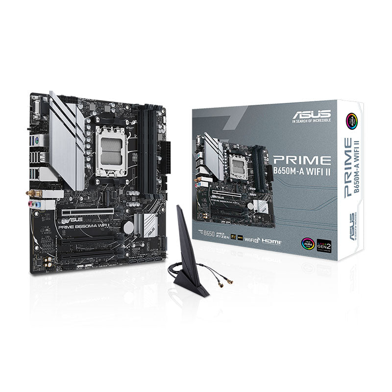 ASUS PRIME B650M-A WIFI II MATX Motherboard - DDR5, PCIe 5.0 M.2 support, Realtek 2.5Gb Ethernet, DisplayPort, VGA, HDMI®, SATA 6 Gbps, USB 3.2 Gen 2, front USB 3.2 Gen 1 Type-C®, BIOS FlashBack™, Aura Sync