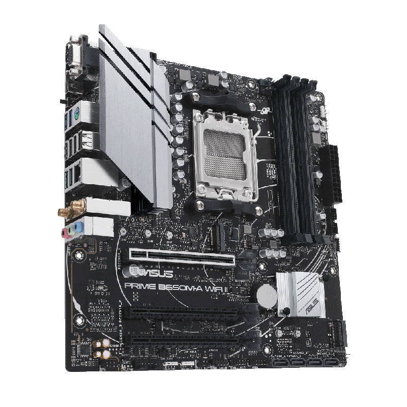 ASUS PRIME B650M-A WIFI II MATX Motherboard - DDR5, PCIe 5.0 M.2 support, Realtek 2.5Gb Ethernet, DisplayPort, VGA, HDMI®, SATA 6 Gbps, USB 3.2 Gen 2, front USB 3.2 Gen 1 Type-C®, BIOS FlashBack™, Aura Sync