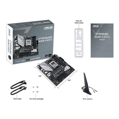 ASUS PRIME B650M-A WIFI II MATX Motherboard - DDR5, PCIe 5.0 M.2 support, Realtek 2.5Gb Ethernet, DisplayPort, VGA, HDMI®, SATA 6 Gbps, USB 3.2 Gen 2, front USB 3.2 Gen 1 Type-C®, BIOS FlashBack™, Aura Sync