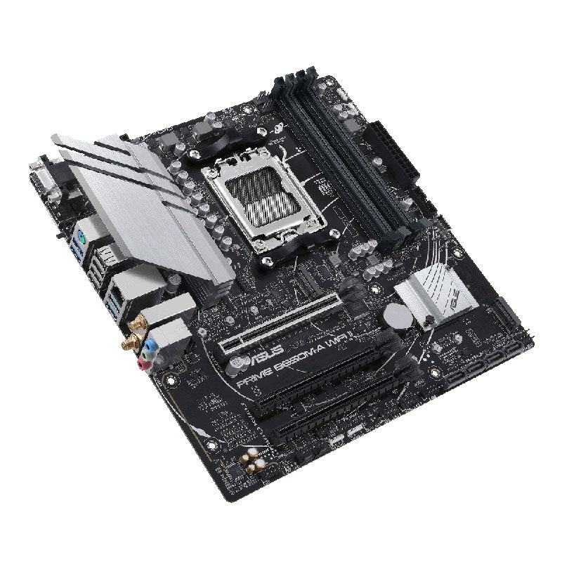 ASUS PRIME B650M-A WIFI II MATX Motherboard - DDR5, PCIe 5.0 M.2 support, Realtek 2.5Gb Ethernet, DisplayPort, VGA, HDMI®, SATA 6 Gbps, USB 3.2 Gen 2, front USB 3.2 Gen 1 Type-C®, BIOS FlashBack™, Aura Sync