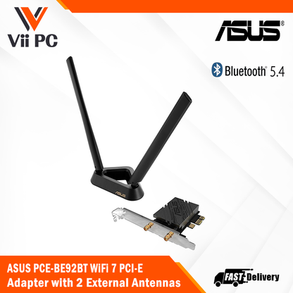 ASUS PCE-BE92BT WiFi 7 PCI-E Adapter with 2 external antennas, support 6GHz band, 320MHz, Bluetooth 5.4, WPA3