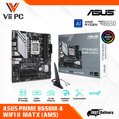 ASUS PRIME B650M-A WIFI II MATX Motherboard - DDR5, PCIe 5.0 M.2 support, Realtek 2.5Gb Ethernet, DisplayPort, VGA, HDMI®, SATA 6 Gbps, USB 3.2 Gen 2, front USB 3.2 Gen 1 Type-C®, BIOS FlashBack™, Aura Sync