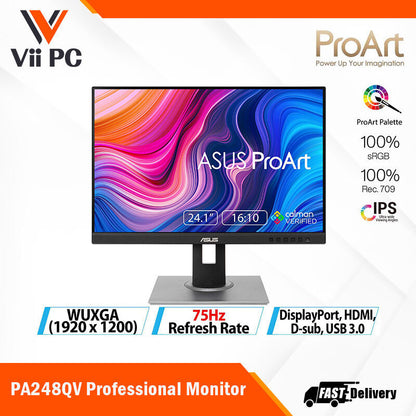 ASUS ProArt Display PA248QV Professional Monitor - 24.1" 16:10, IPS, WUXGA (1920x1200), 100% sRGB, 100% Rec.709, Color Accuracy ΔE<2, Calman Verified, ProArt Preset, ProArt Palette