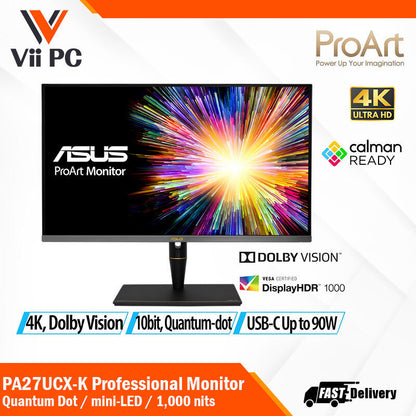 ASUS ProArt Display PA27UCX-K 27" 4K HDR Mini LED Monitor, 97% DCI-P3 99.5% Adobe RGB 100% sRGB, DeltaE<1, IPS, USB-C HDMI DP, Calman Ready, Dolby Vision HDR10, 1000nits, w/X-rite Calibrator