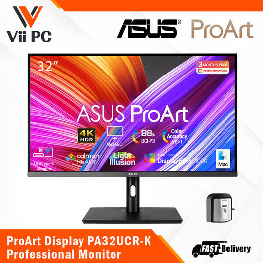 ASUS ProArt Display PA32UCR-K Professional Monitor - 32" IPS, 4K UHD (3840x2160), 1000 nits, HDR-10, HLG, ΔE<1, 98% DCI-P3, 99.5% Adobe RGB, 100% sRGB/Rec. 709, Hardware Calibration, USB-C, Calman Ready, ColourSpace Integration, X-rite i1 Display Pro