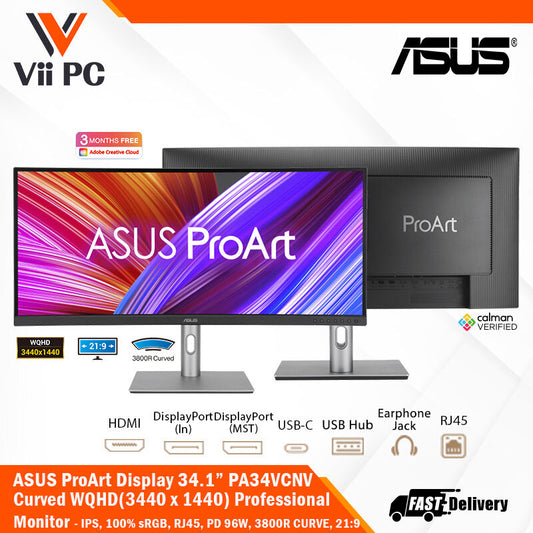 ASUS ProArt Display PA34VCNV Curved Professional Monitor - 34.1" IPS, 21:9 (3440x1440), 3800R Curvature, 100% sRGB / Rec.709, Color Accuracy ΔE<2, Calman Verified, USB-C Docking PD 96W, RJ45