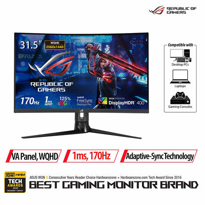 ASUS ROG Strix XG32VC Curved Gaming Monitor - 31.5" WQHD (2560 x 1440), 170Hz* (Above 144Hz), 1ms MPRT, Extreme Low Motion Blur Sync, 125% sRGB, FreeSync Premmium Pro, DisplayHDR™ 400