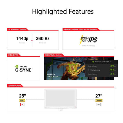 ASUS ROG Swift 360Hz PG27AQN NVIDIA® G-SYNC® esports Gaming Monitor – 27‑inch QHD (2560 x 1440), NVIDIA® Reflex Analyzer, Ultrafast IPS, esports dual-mode, 1 ms (GTG), DisplayHDR™ 600